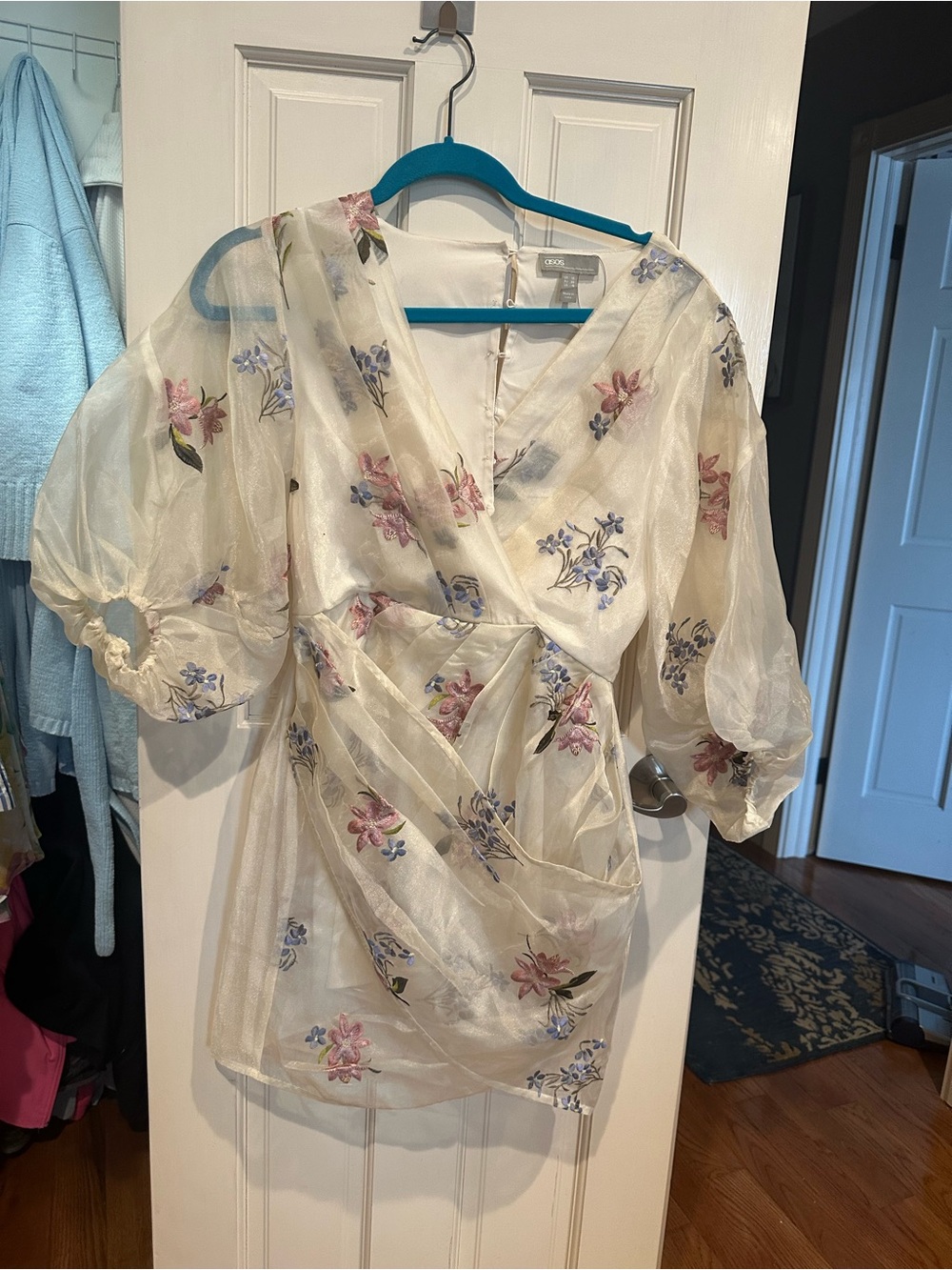 ASOS Ivory Sheer Floral Wrap Blouse with Pink & Blue Blooms